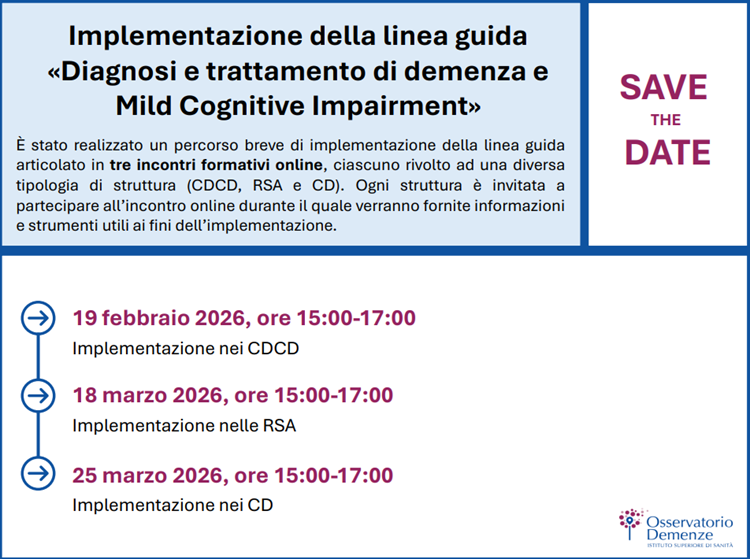 immagine illustra scopo e date del corso su implementazione della linea guida "Diagnosi e trattamento di demenza e mild cognitive impairment (MCI)"